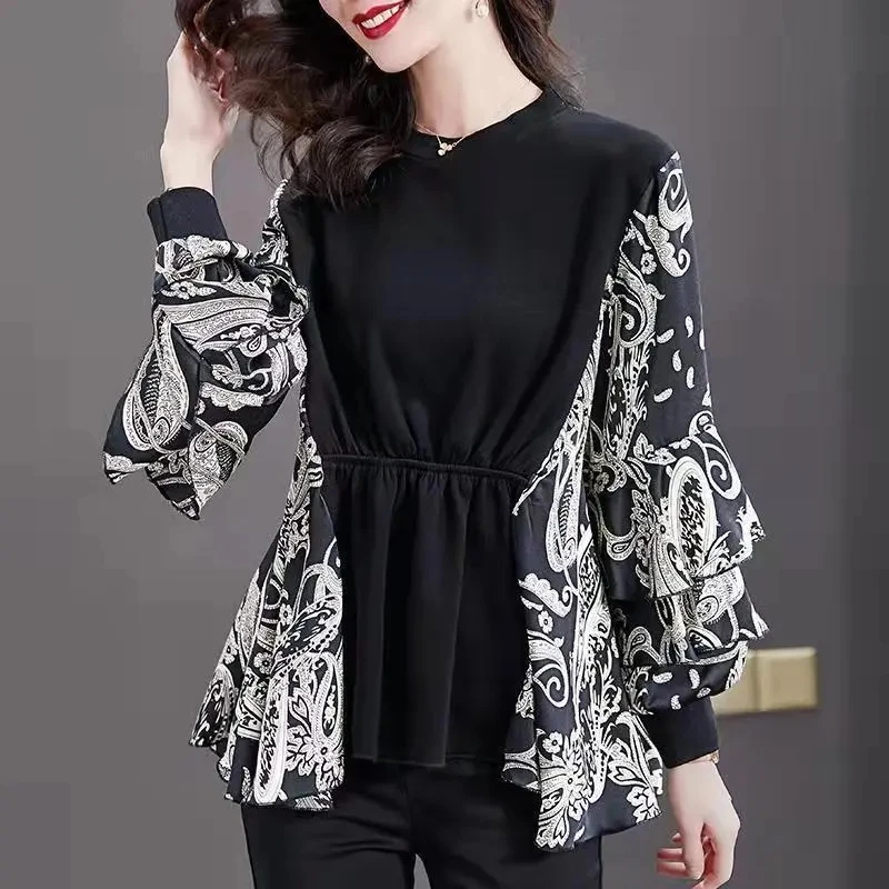 

6XL Large Size Women's O-Neck Long Sleeved Shirt Spring Autumn New Casual Loose Patchwork T-Shirts Female Mother Print Shirts