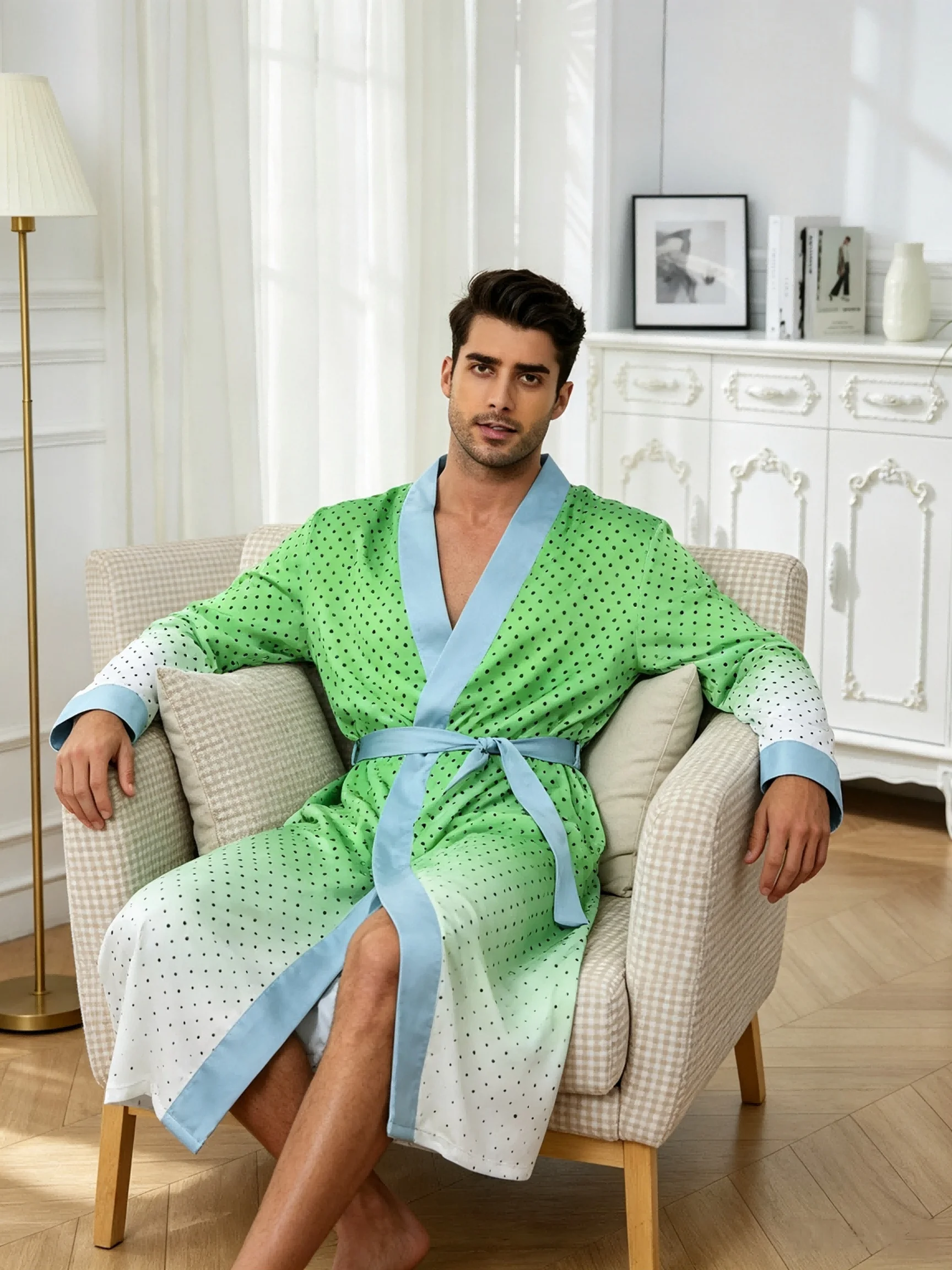 Men's lightweight quick-drying pajama bathrobe - 3D digital printing, non-fading design, stand-up collar and adjustable waistban