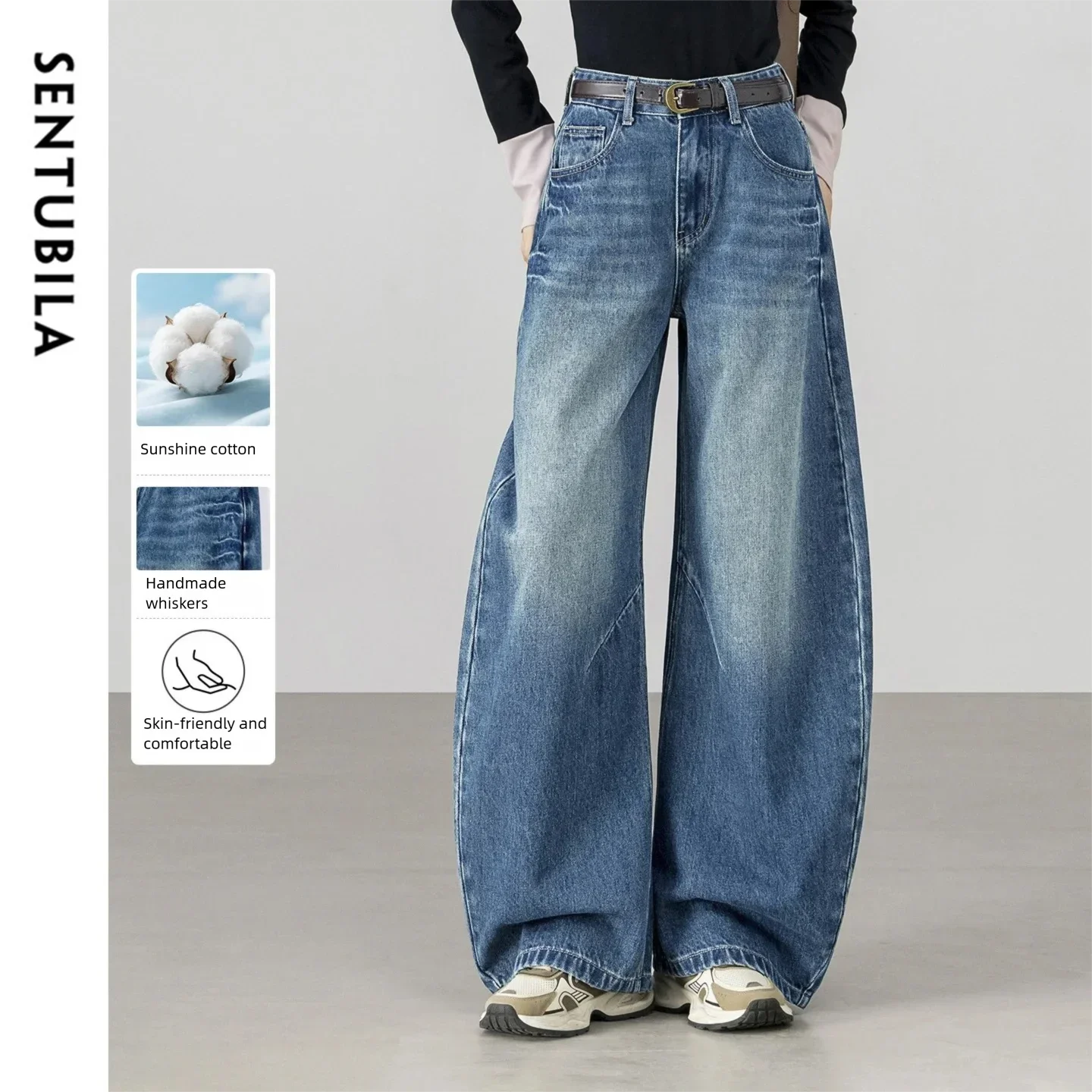 

SENTUBILA Loose Jeans for Women 2026 High-waisted Cotton Blend Bleached Washed Denim Pants Spring Simple Lady Bottoms W61NN6022