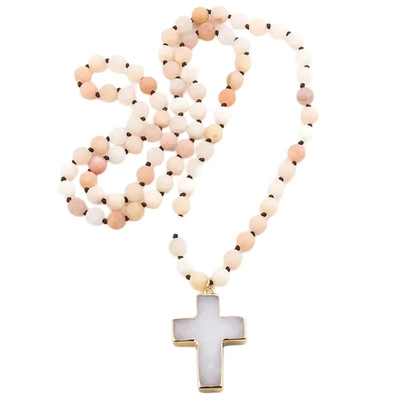 E0BF Handmade 8mm Beaded Stone Necklace Crucifix Pendant Clavicle Chain Adjustable Length Neckchain for Stylish Women