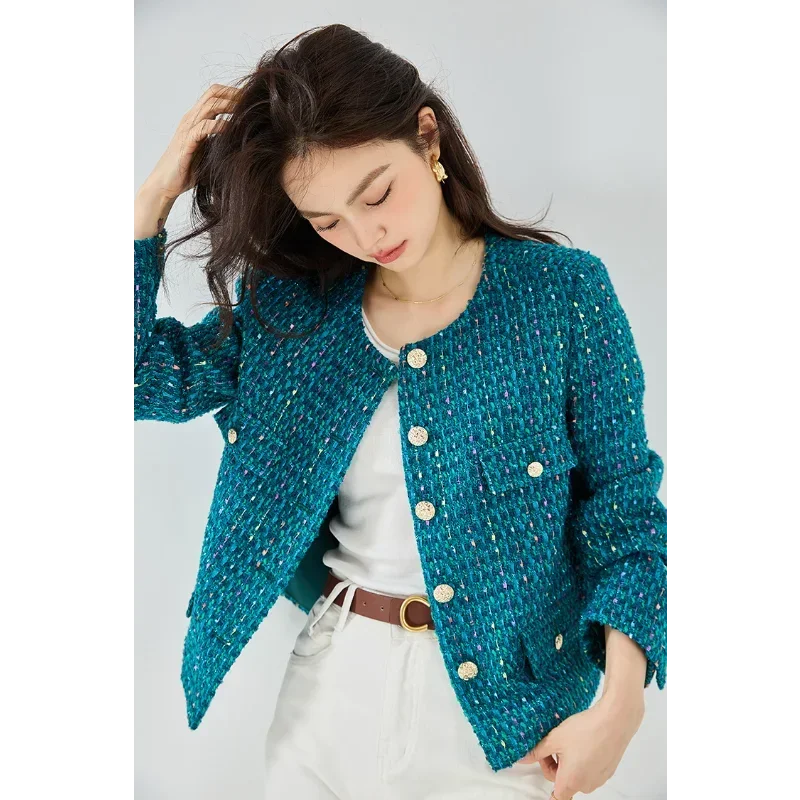 Women Tweeds Coats Blue 2025 Wool Blends Autumn Braided Texture Bright Color Age-reducing Commuting Casual Jackets Round Neck