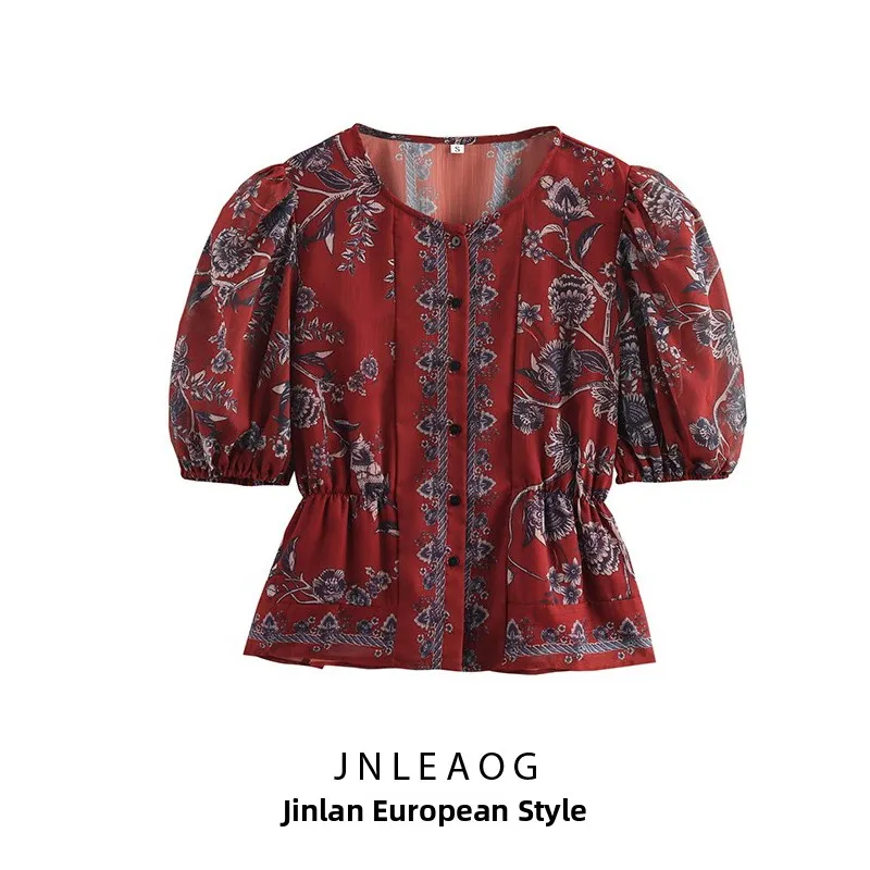 

Faionable round Ne Waist-Cinching Top JNLEAOG Spring New Women's Clothing Design Polyester Fiber Bubble Sve ort Sve