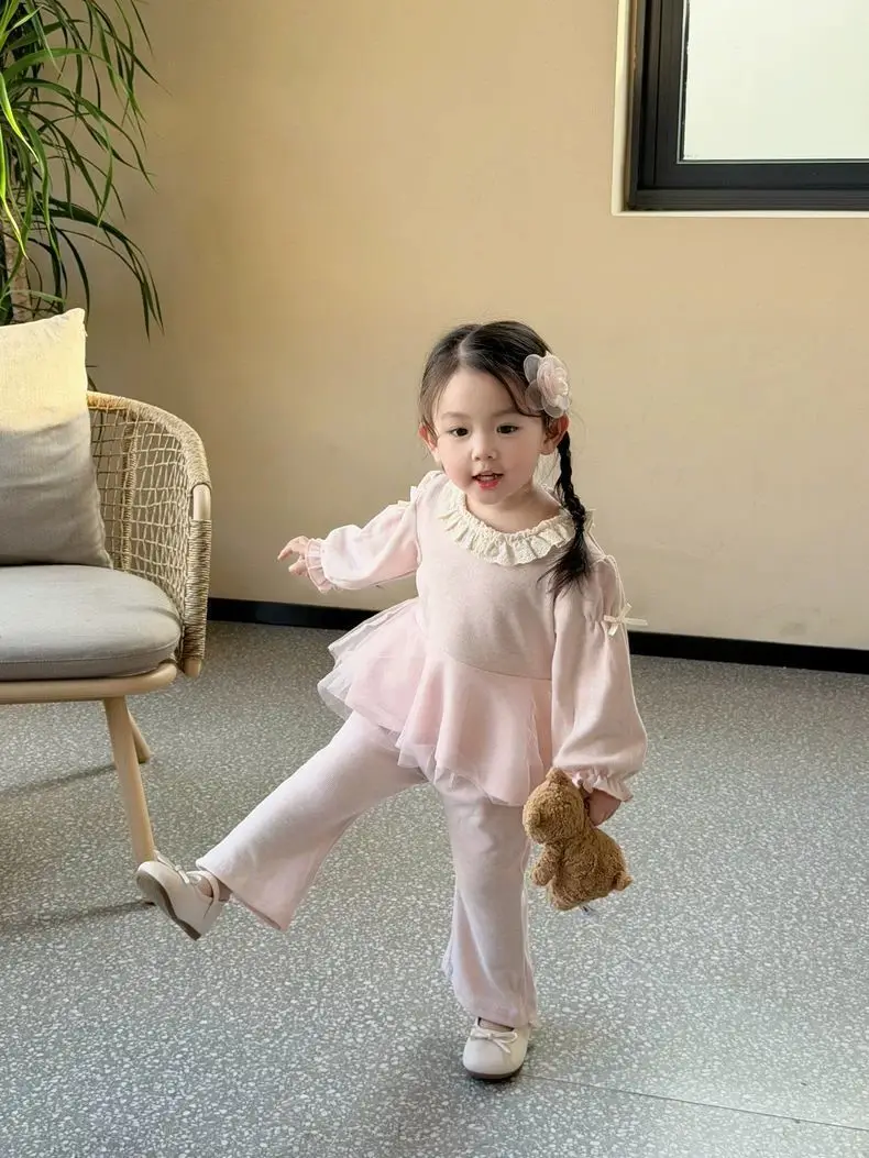 Girls' Sweet Set 2026 New Spring Baby Korean Edition Mesh Bow Doll Shirt Bellbottom Pants Two Piece Set