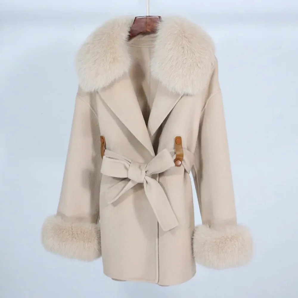 OFTBUY معطف الفرو الحقيقي 2024 الخريف الشتاء نمط فضفاض عادية جديدة الفراء سترة للإزالة الثعلب الفراء طوق معطف من قماش الكشمير المرأة معطف الصوف