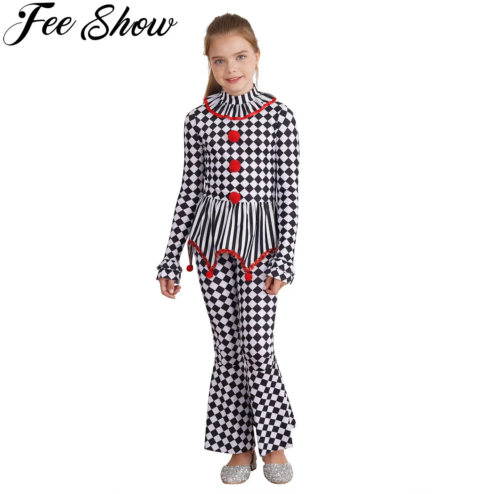 ליצן תחפושת לילדים ילדת ליל כל הקדושים מפחיד שרוול ארוך poms pom pumpipplum פרטים דמקה לוח הדפסה רוכסן ארוך