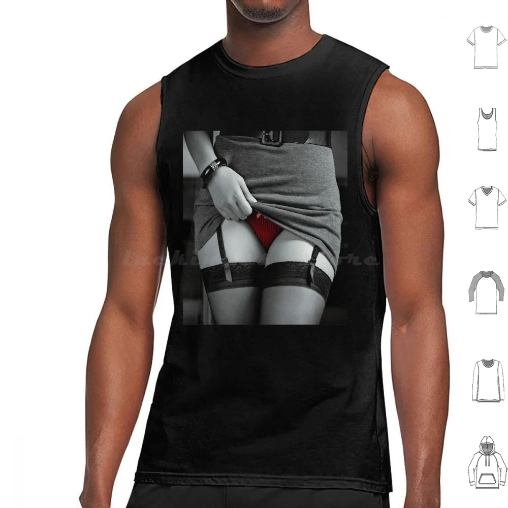 Woman In Stockings Showing Her Red Sexy Underwear Art Photo Print Tank Tops Vest Sleeveless Lingerie Underwear Panties Red