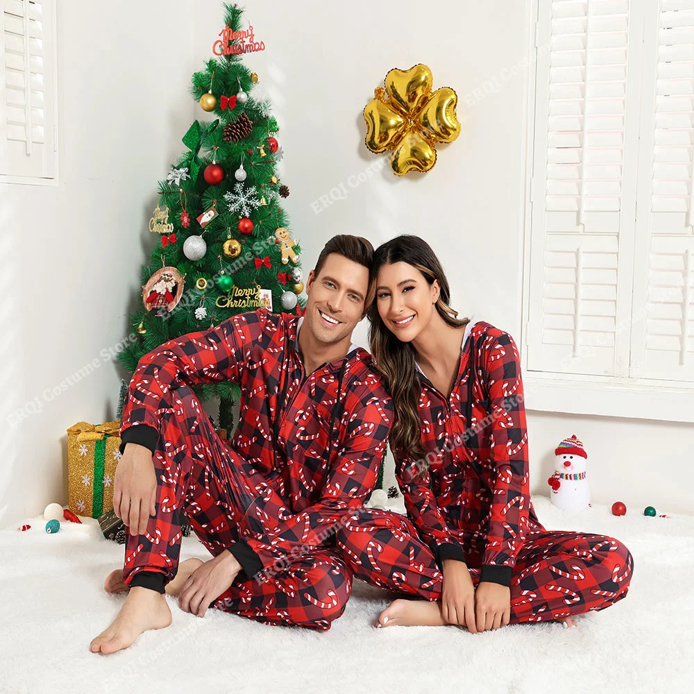 Adult Onesie Pajamas Christmas Matching Pajamas For Couples Black&Red Grid Pajamas Set Family One Piece Jumpsuit Hoodie Women