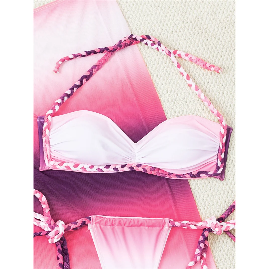 Mit Rock, Farbverlauf, Neckholder-Bikini, Damen-Badebekleidung, weiblicher Badeanzug, dreiteiliges Bikini-Set, gepolsterter Badeanzug, Badeanzug, Schwimmbekleidung V7614 – Detail 4