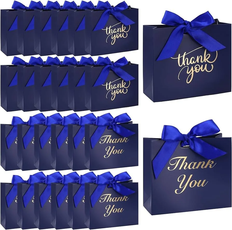 

24Pack Small Thank You Gift Bags,4.5x1.8x3.9Inches Blue Paper Gift Bags with Ribbon Mini Gift Bags Bulk Wedding Candy Favor Box