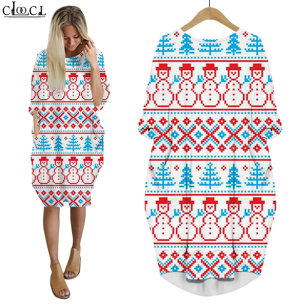 CLOOCL  Christmas Dresses Robe Femme Loose Fit Dress Snowman Snowflake Checkered Lines 3D Printing Dresses Party Clothing