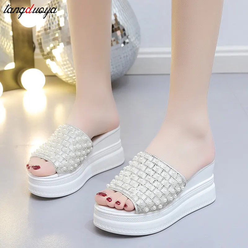 pearl white pink slippers Flip Flops Women shoes Slippers Platform Summer Shoes Open Toe Wedges Sandals Ladies Shoes women heels