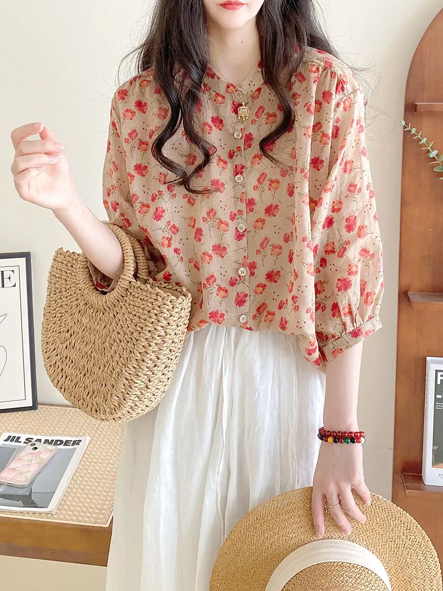 

2025 New Women's Summer Loose Commuting Artistic Temperament Sweet Round Neck Printed Mid Sleeved Shirt Top