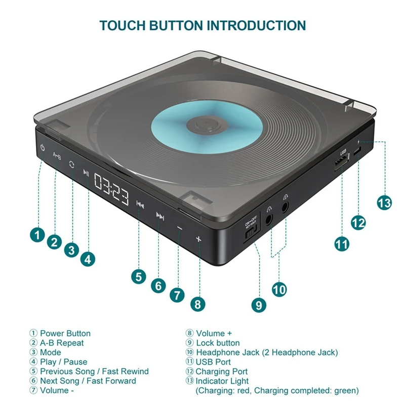 3X Compact Sports Portable CD Player Touch Button Rechargable Disc Player Reproductor CD Double Headphones CD Walkman