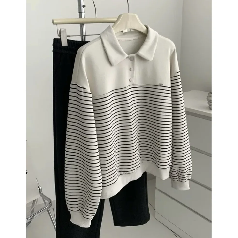 

2025 spring and autumn striped splicing Polo neck sweatshirt for women Korean temperament half-plated pullover top trendy