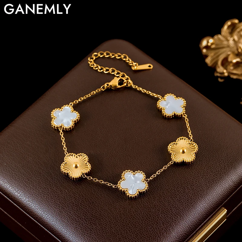 

GANEMLY New Fashion Double Sided White Five Leaf Flower Charm Bracelets For Women Girl Stainless Steel Clover Jewelry Gifts