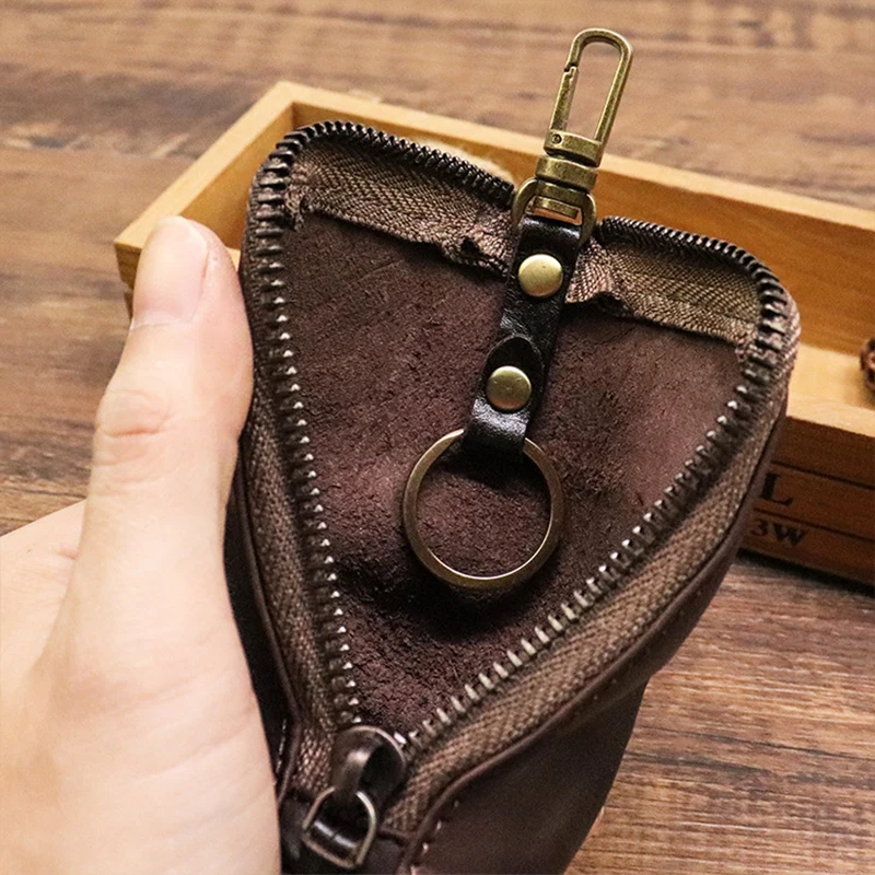 Genuine Leather Key Wallet for Men Short Vintage Handmade Zipper Car Key Holder Coin Purse Card Case Bag Organizer Housekeeper