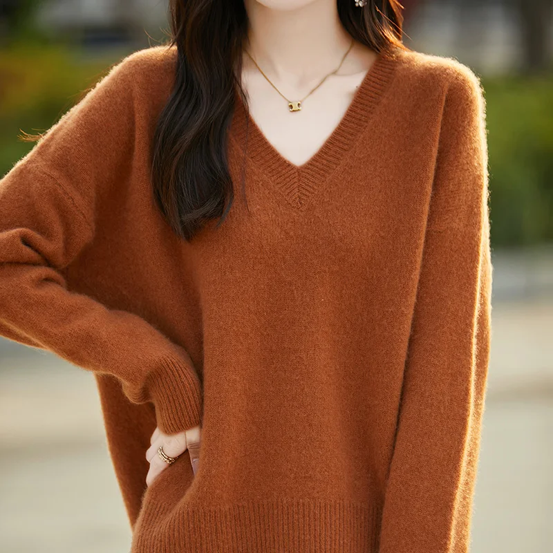 100% Pure Wool Knitted Loose Sweaters For Women V-neck Long Sleeve Standard Cashmere Knitwear 2024 Autumn/Winter Female Tops