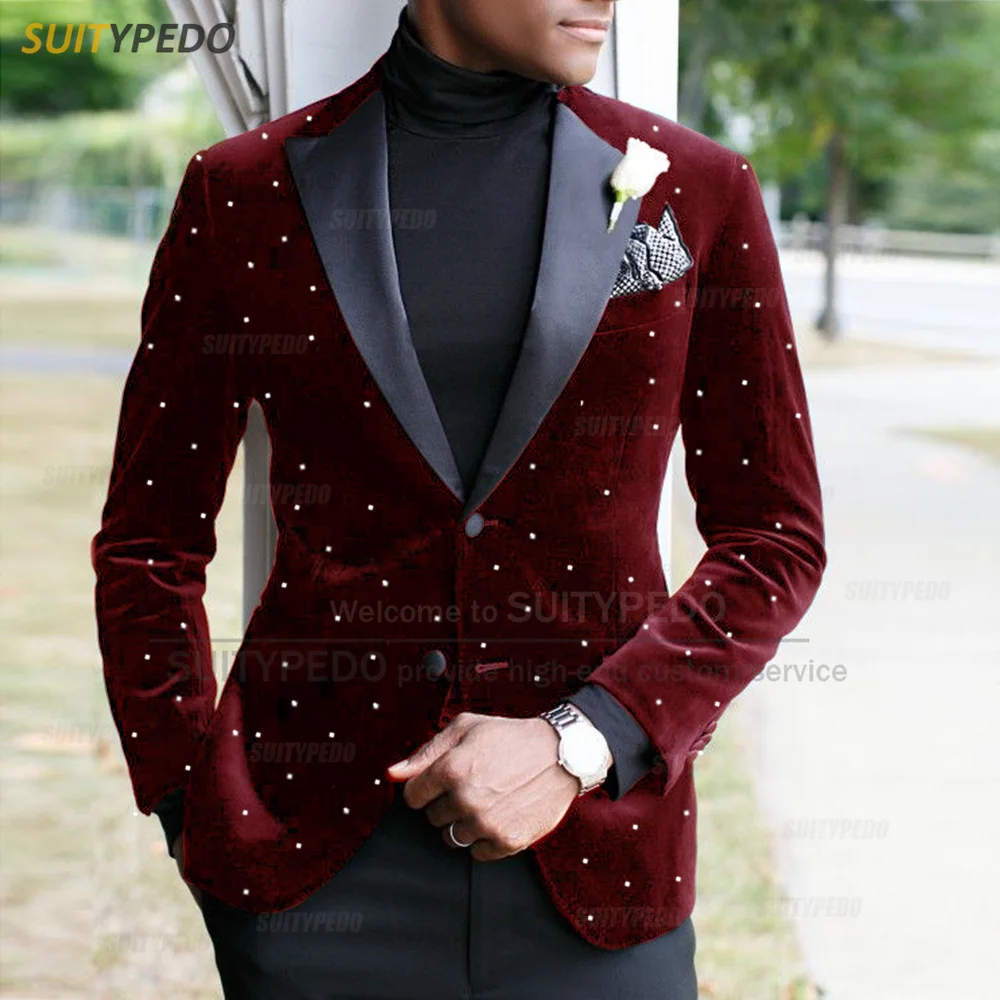 Fashion Navy Blue Velvet Men Suit Set Evening Party Luxury Shiny Beads Blazer Formal Activities Slim Fit Tuxedos Pants 2 Pieces