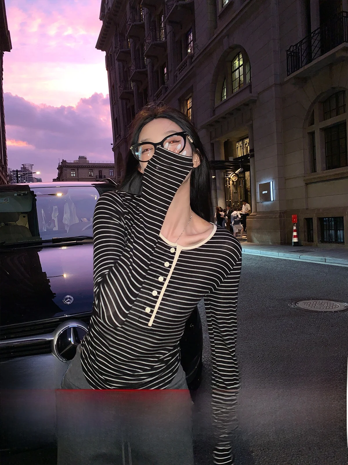 

Женская футболка Ele Long Sve Slim Fit из шерстяного лиоцелла Base irt, новинка зимы, внутренняя одежда, полосатый топ от Qiu Qiu Yang