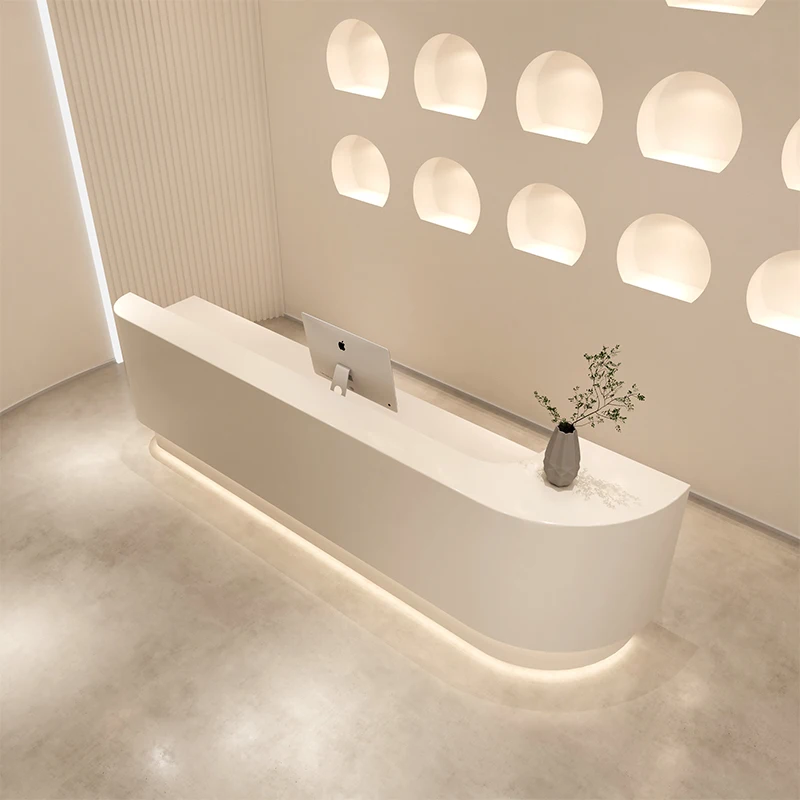 مكاتب الاستقبال في متجر الملابس، شعار Led، مكاتب الاستقبال الأمامية لأمين الصندوق باللون البيج، تصميم المطاعم، مكتب الأثاث Theke