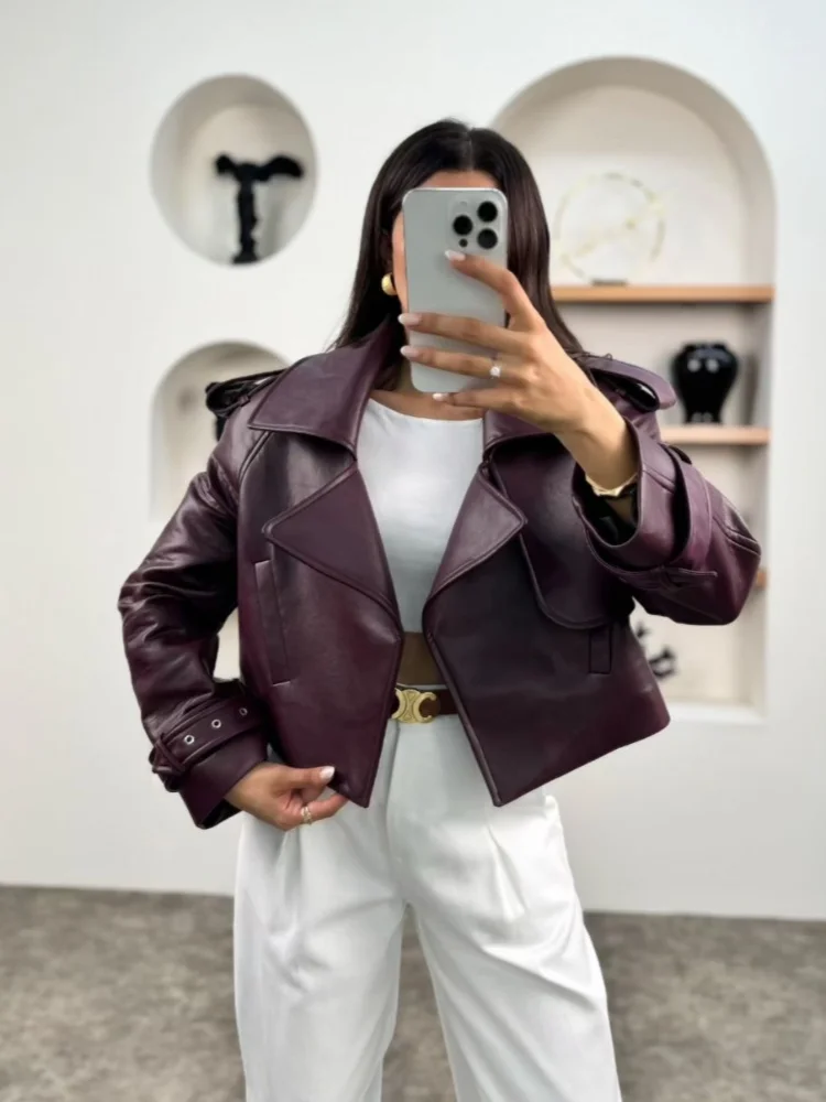 Women's Red Pu Leather Burgundy Solid Lapel Cropped Jackets Female Pockets Long Sleeves Short Coat 2025 Lady Autumn Streetwear