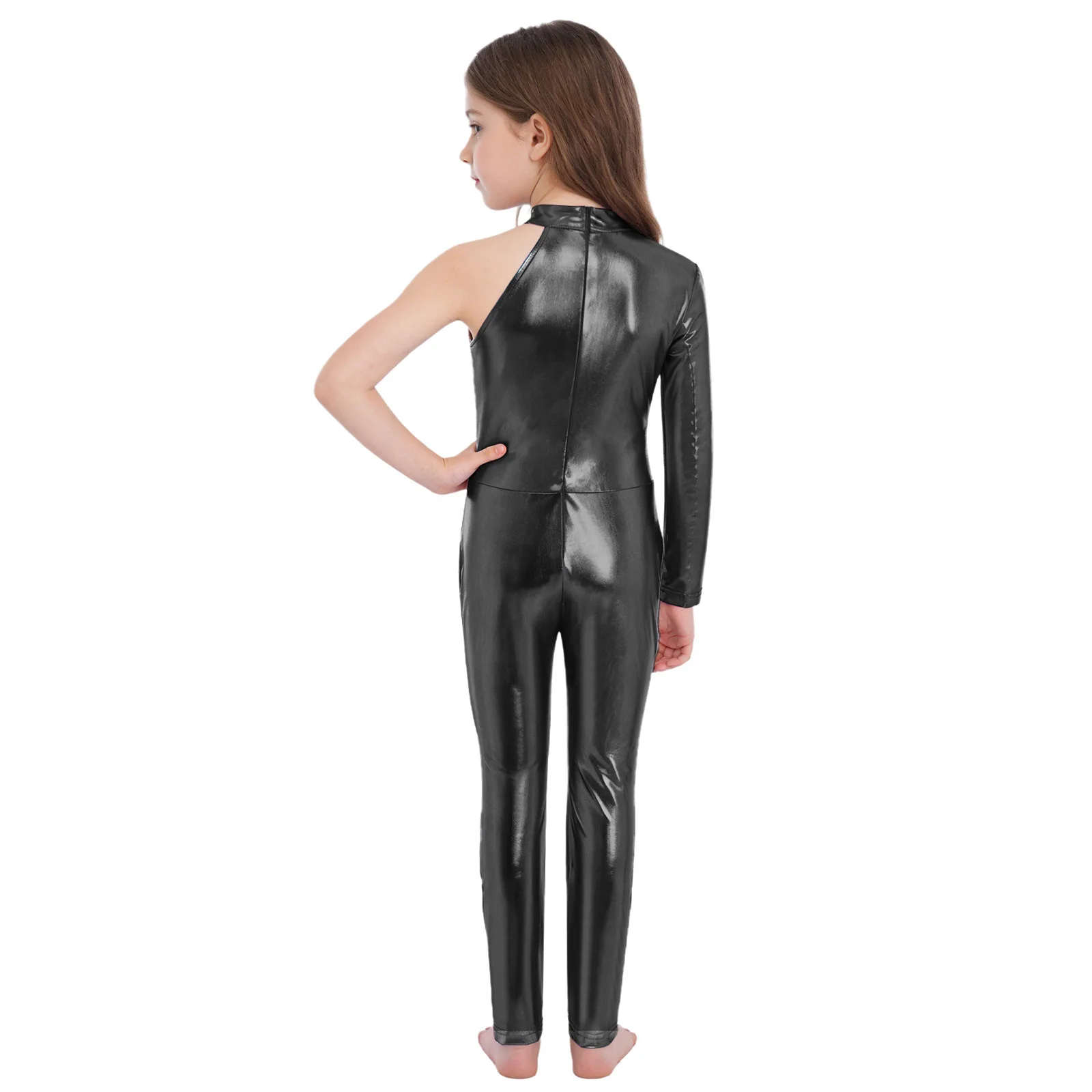 Girls Shiny Metallic Mock Neck Unitard Mesh Patchwork Zipper Back One Piece Ballet Dance Bodysuit Costume Kids Ballerina Class