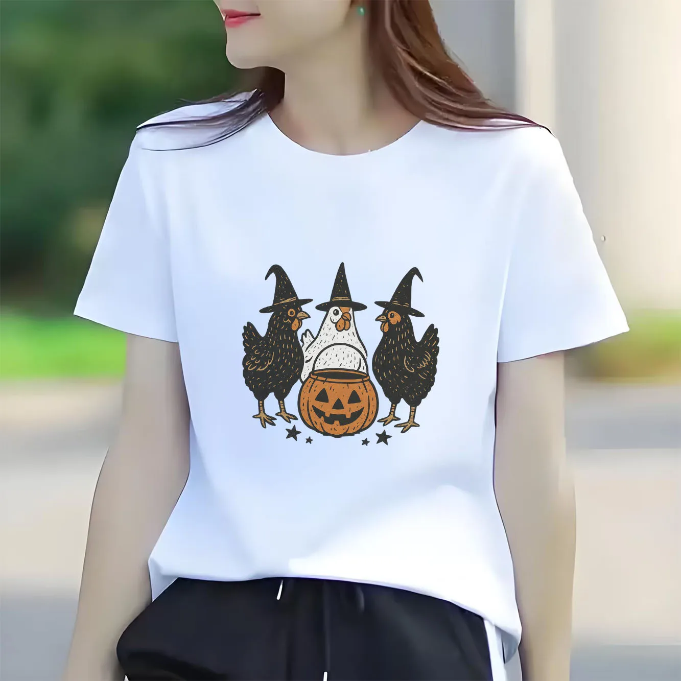 تي شيرت نسائي عصري ومتعدد الاستخدامات بطباعة الهالوين ذو شعبية كبيرة ورقبة دائرية وأكمام قصيرة