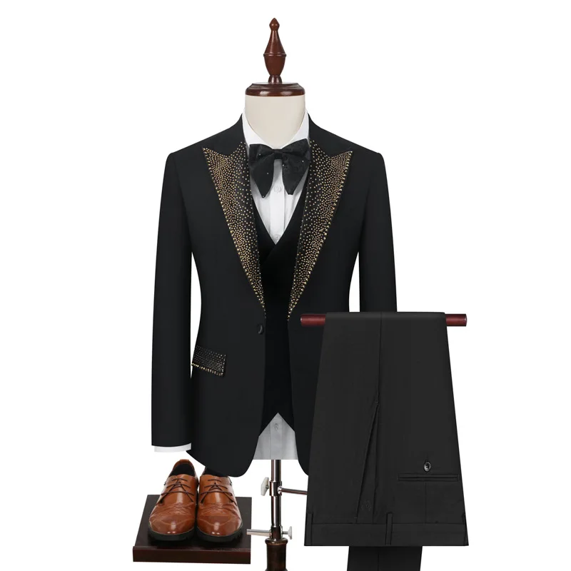 

Мужской деловой костюм нового стиля 2025 года, украшенный бриллиантами, комплект с воротником (тройка), свадебные костюмы для мужчин, мужской костюм