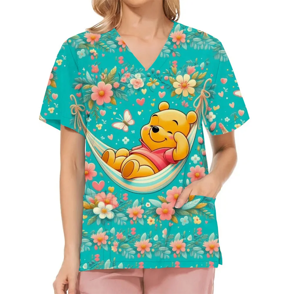 Miniso Wholesale Medical Uniforms Nurse Scrub Dental Hospital Nursing Tops Disney Winnie The Pooh V-neck Uniform Scrubs Tops