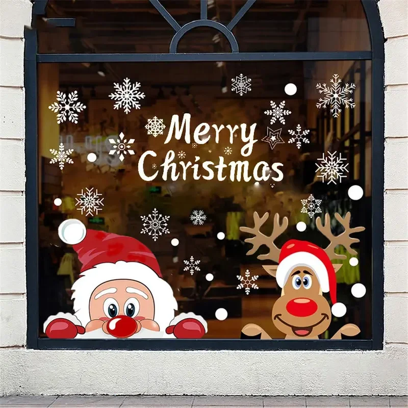 Removable Christmas PVC Static Sticker Santa Elk Window Stickers Beautify snowflake Wall Decals New Year Party Glass Dress up