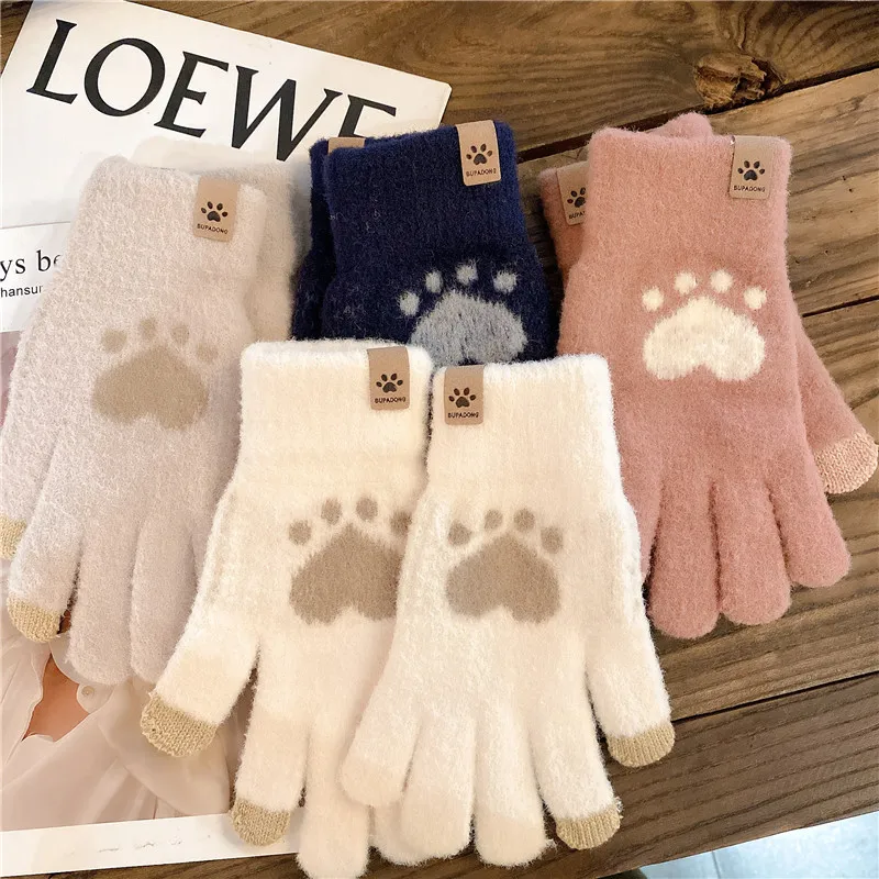 Women\'s Knitted Winter Cute Touchscreen Gloves Soft Mink Hair Autumn Warm Thick Gloves Cute Cat Paw Pattern Girls Gloves Gifts