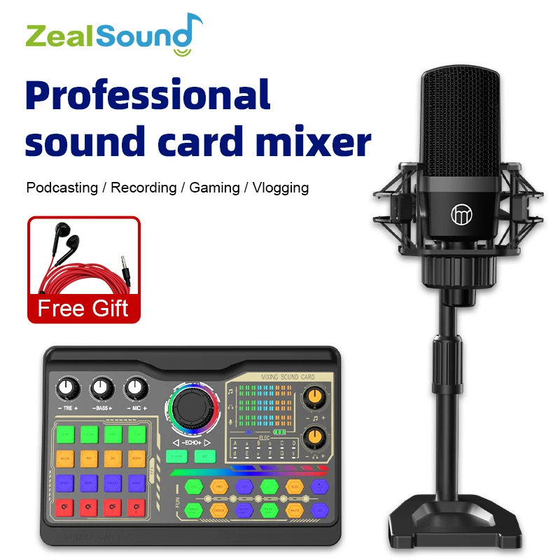 Zealsound Professional Podcast Microphone SoundCard Kit for PC Smartphone Laptop Computer Vlog Recording Live Streaming YouTube