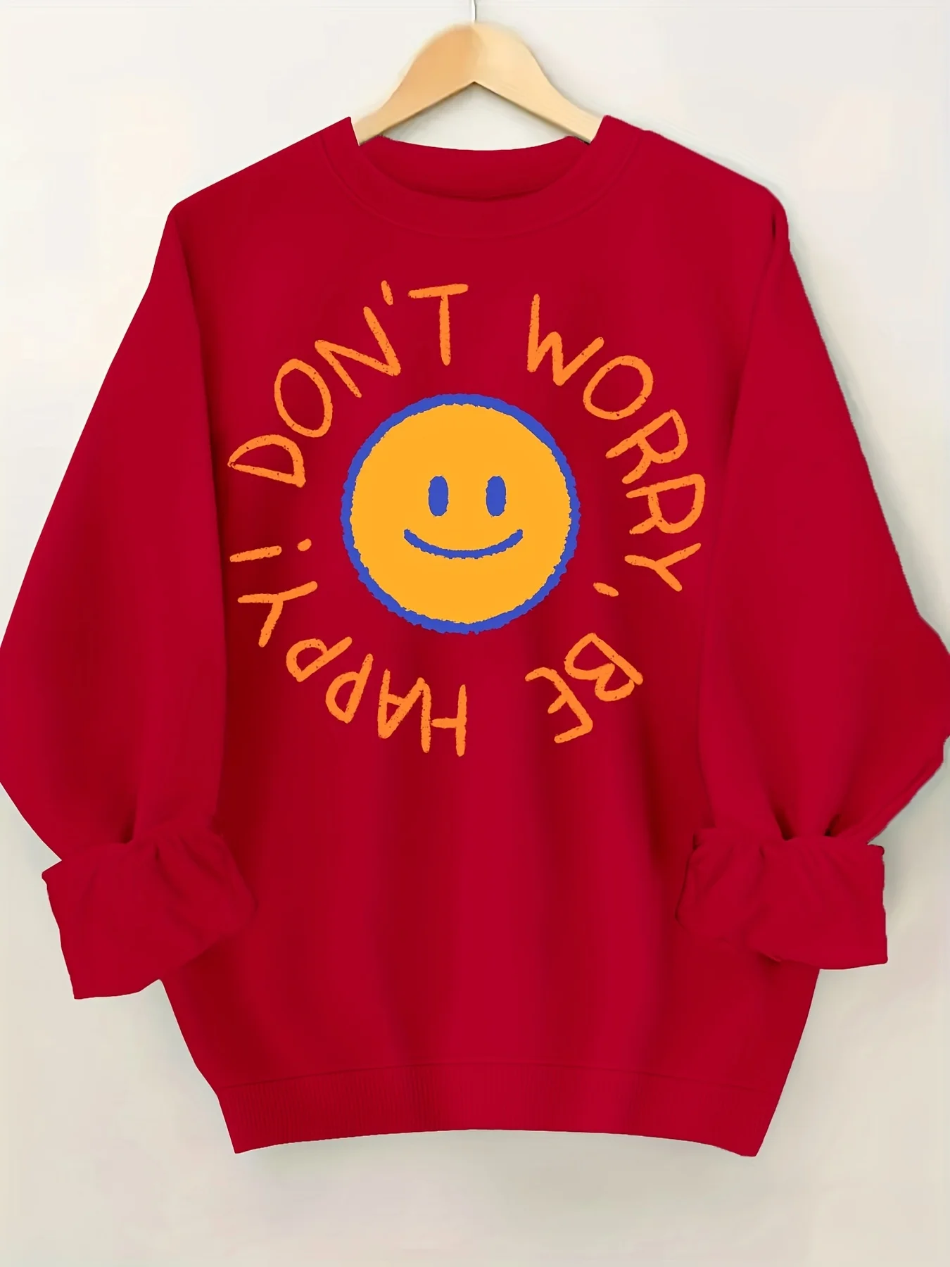 Sudadera casual con estampado geométrico de manga larga 100% poliéster Sudadera con cuello redondo y estampado de cara feliz