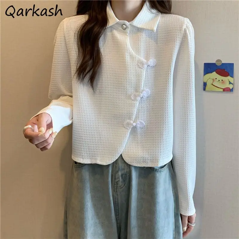 

Short Shirts Women Chinese Style Retro Frog Design Minority Spring Autumn Long Sleeve Clothing Solid Loose Temperament Stylish