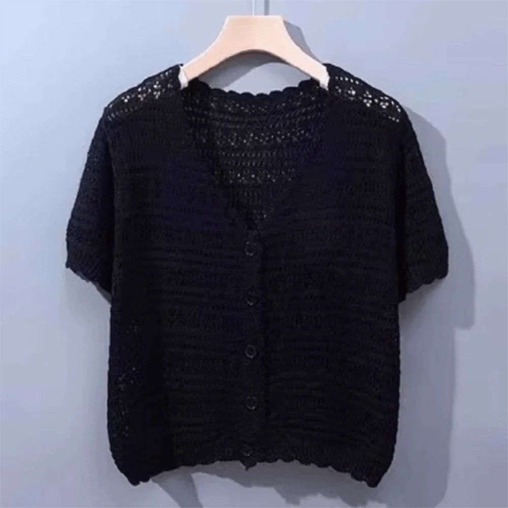 New Hollow Out Knitted Cardigan Thin V-Neck Sun-Proof Tops Short Sleeve Casual Outwear Women