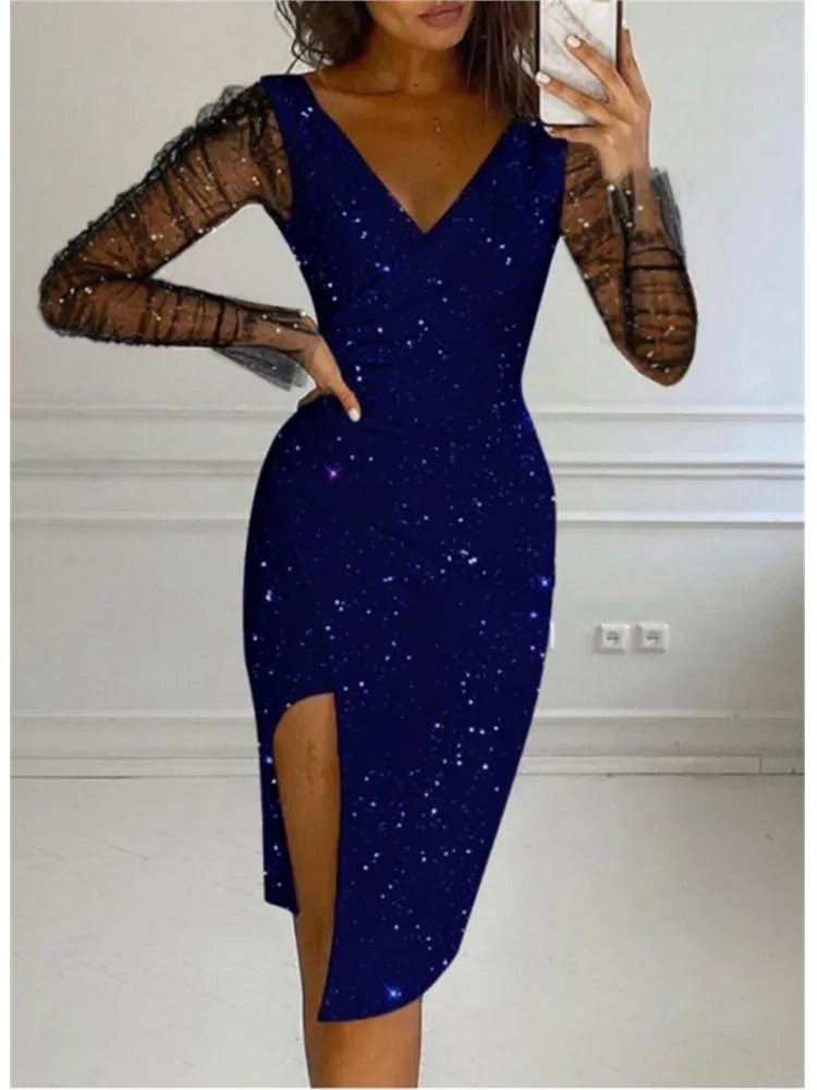 Sukienki Dla Kobiet Sexy V Neck Mesh Sleeve Split Bodycon Dress 2024 Autumn Fashion Sequin Slim Elegant Party Dress Robe Female