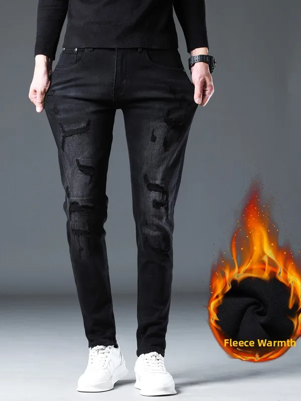 

High-End Retro Fleece Lined Men's Slim Fit Denim Jeans Patched Hole Casual Thin Velvet Long Pants Autumn Winter Wear Resistant