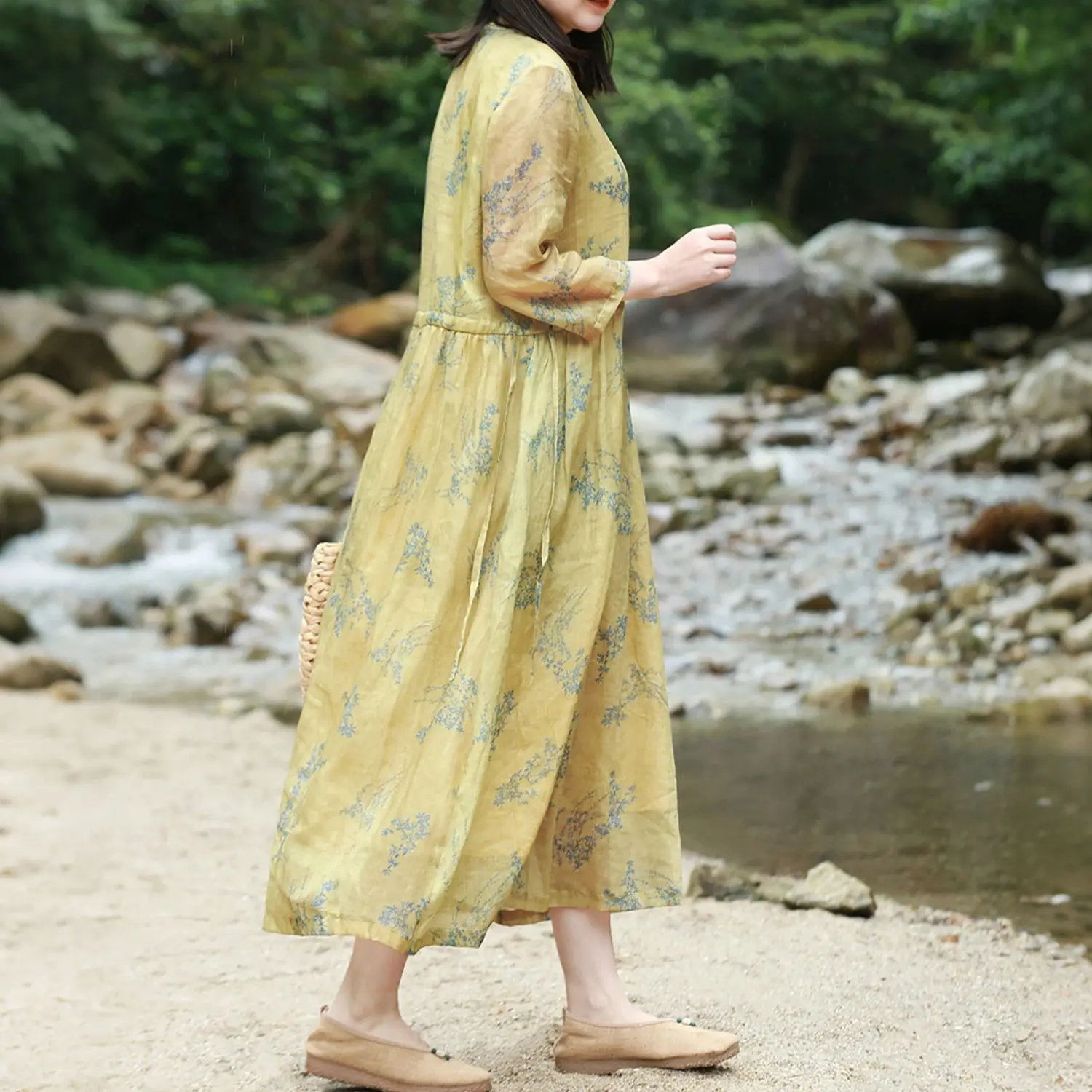 LZJN Sommerkleid mit Ramie-Aufdruck, tailliert – schlichtes Retro-Kleid mit hoher Taille und Kordelzug, künstlerisches, elegantes gelbes langes Kleid