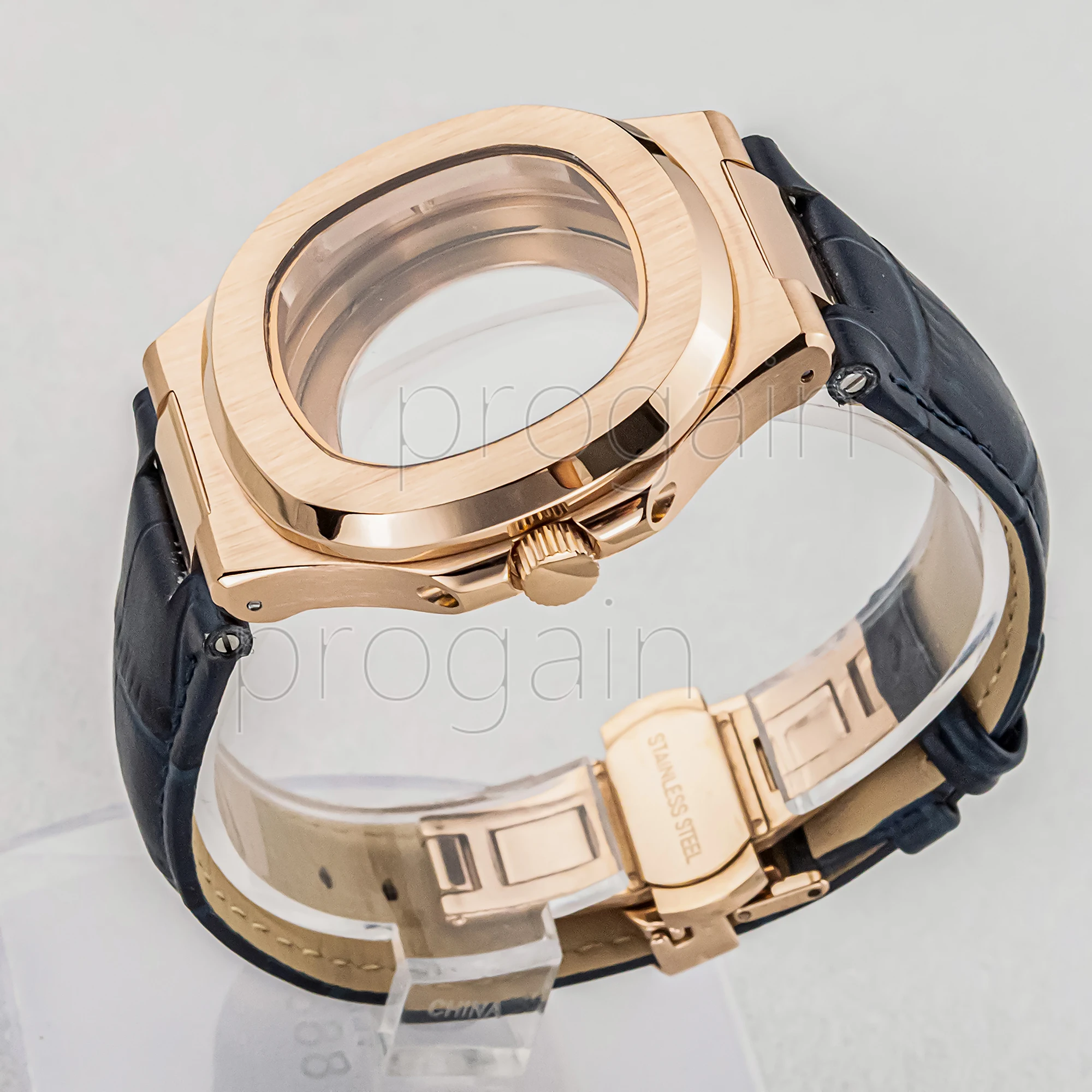 Rose Case 25mm Genuine Leather Band Stainless Steel NH35 Case Sapphire Glass Watchcase for NH35 NH36 Movement Nautilus Case