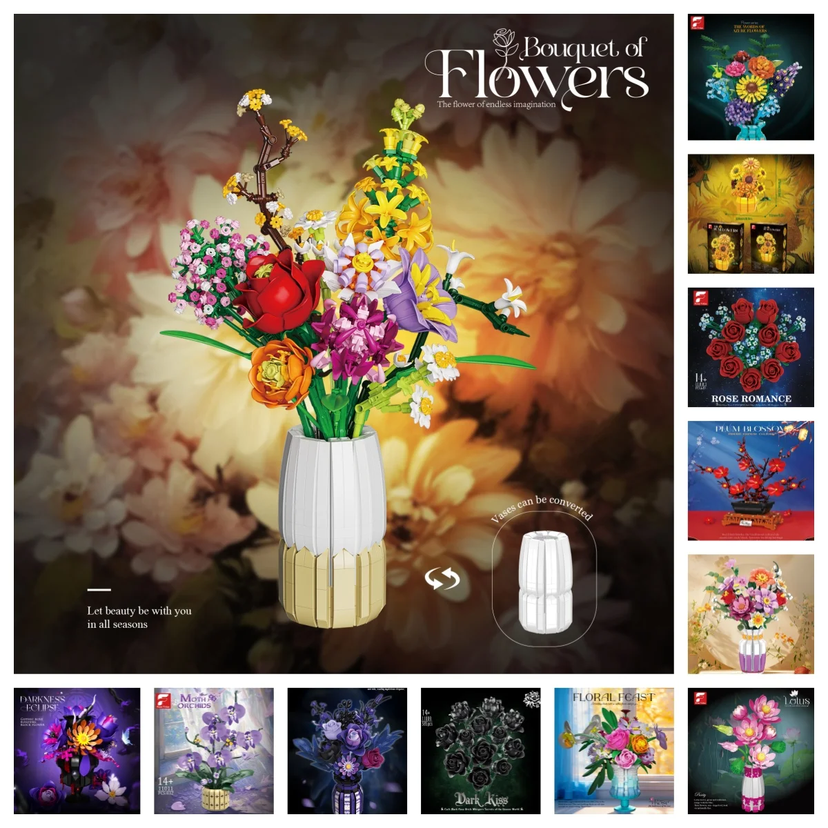 

Набор строительных блоков для сборки букета цветов с вазой, модель подсолнуха и розы, креативное украшение для дома, детская игрушка для самостоятельной сборки, подарок на праздник, без коробки