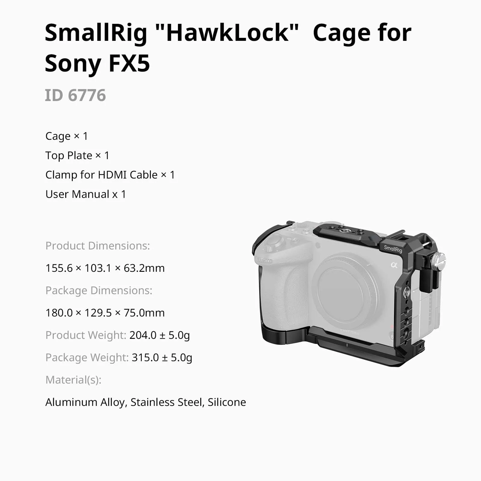 SmallRig FX5 "HawkLock" Kamera-Cage für Sony FX5 mit Klemme für HDMI-Kabel, Top-Platte mit 1/4"-20 / 3/8"-16 Arca-Typ Schnellwechselplatte – Detail 25