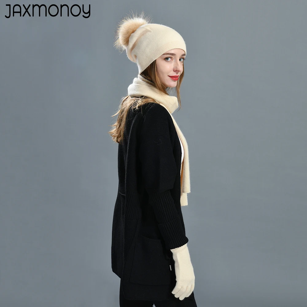 Jaxmonoy topi Beanie kasmir musim dingin, topi syal rajut dan sarung tangan tiga potong Set lapisan ganda hangat untuk wanita