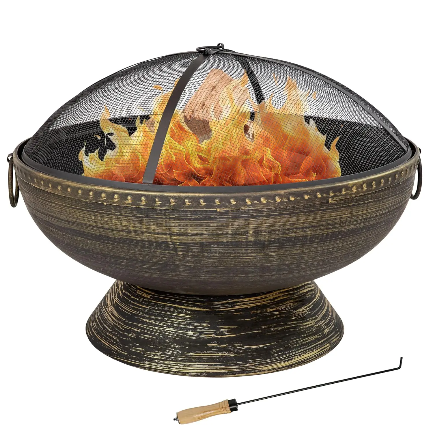 Round Steel Outdoor Firepit for Patio, Backyard, Porch, and Deck, Includes Wood Grate, Spark Screen, and Poker Tool