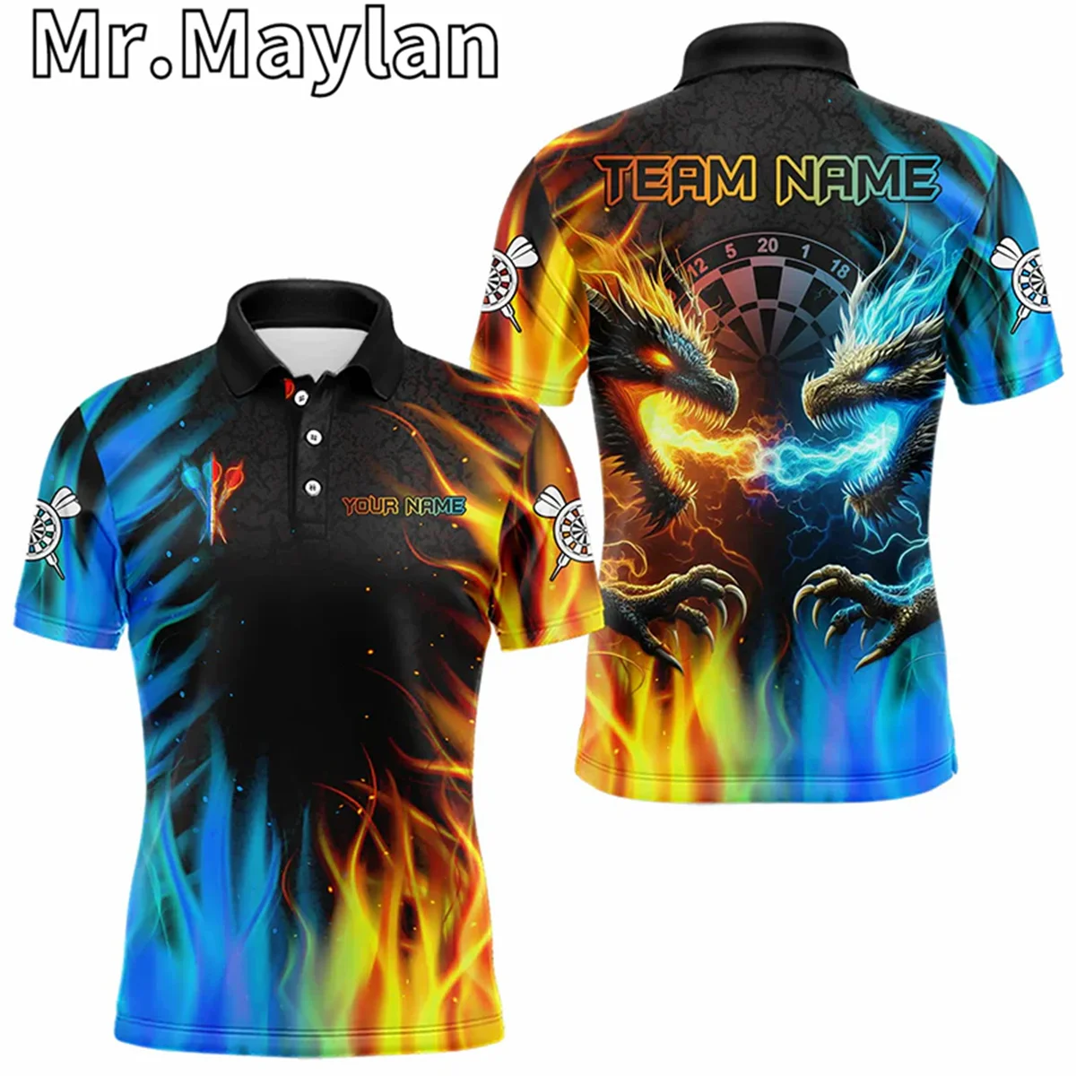 

Men's Personalized Dragon Water Fire 3D Dart Polo Custom Dart Shirts For Men Dart Team Jerseys Uniform Gifts For Darts Lovers