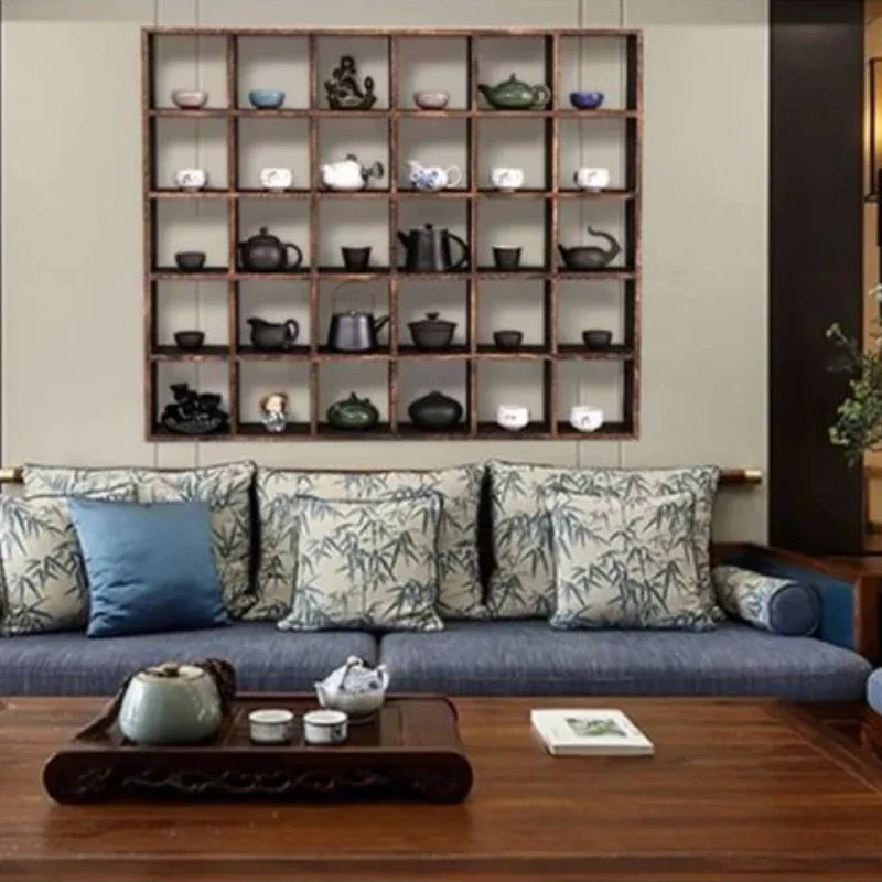 

Solid Wood Wall-Mounted Display Shelf Vintage Tea Set Organizer Chinese-Style Curio Cabinet Decorative Hanging Storage Rack