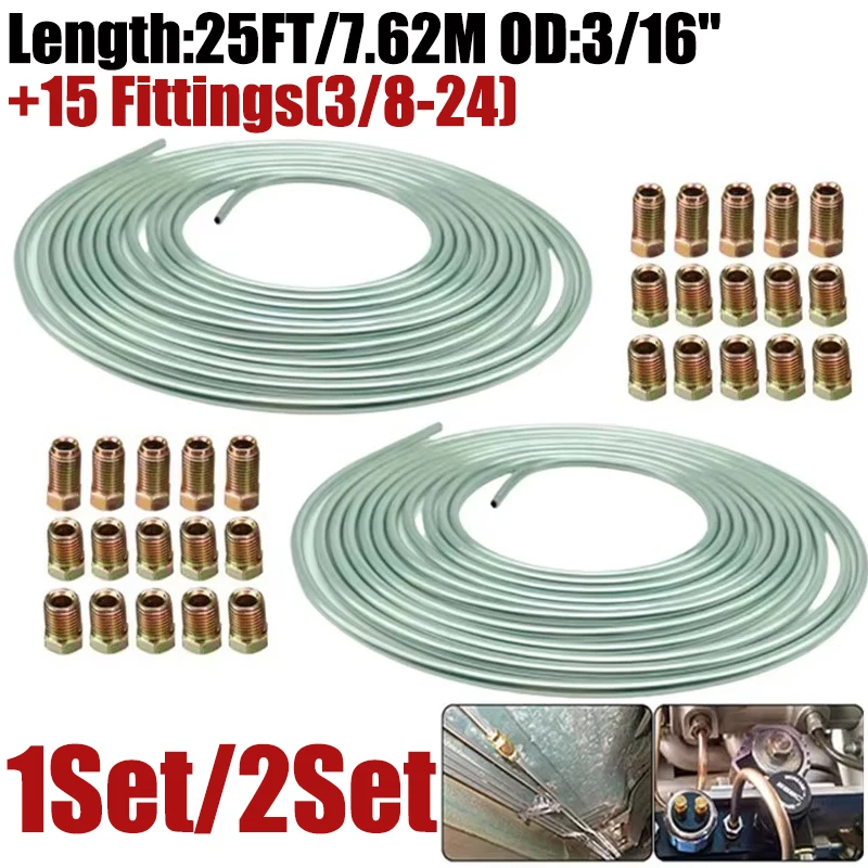

1x/2x 25ft 7.62m Auto Roll Tube Coil 3/16" OD Plated Zinc Brake Pipe Hose Line Piping Tube Tubing Anti-rust With 15PCS Tube Nuts