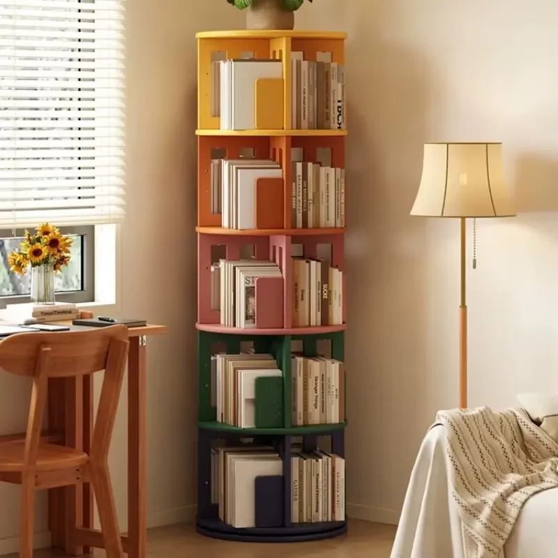 Simple Solid Wood Rotating Bookshelf Household Floor Shelf Rack for Reading Picture Book Storage Bookcase Shelves Home