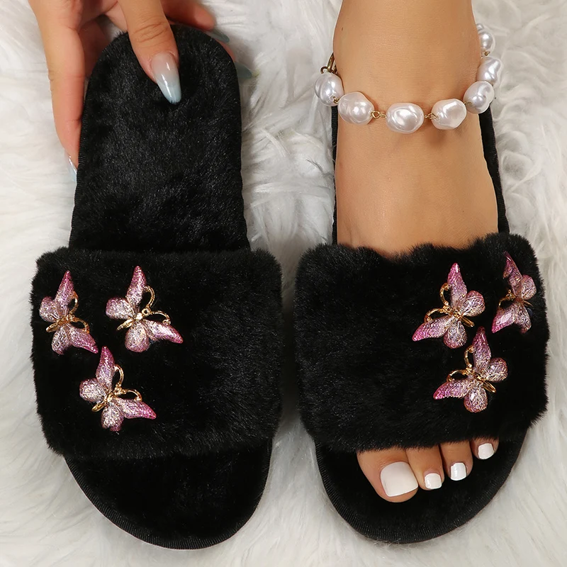 

Винтажные хлопковые тапочки с распознаванием бабочек, женские хлопковые шлепанцы на плоской подошве из искусственного меха, женские плюшевые тапочки без шнуровки с открытым носком