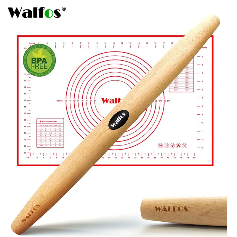 WALFOS French Rolling Pin and Silicone Pastry Mat Set Beech Wood Rolling Pin 18 Inch For Best Pie Crust Cookie Pasta Pizza Doug