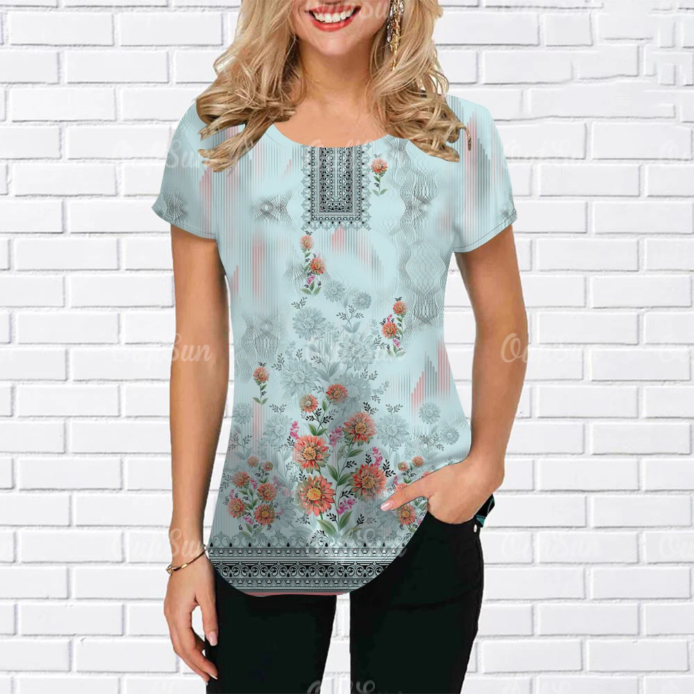 T-shirt à imprimé floral Y2K pour femmes, style Harajuku, vêtements pour dames, col rond, manches courtes, chemisier décontracté, été